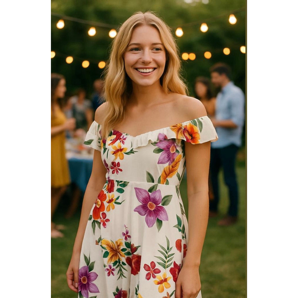 Old Navy Woman's Midi Dress XS Floral Garden Girl Cottagecore Tropical Ruffles - Picture 1 of 14